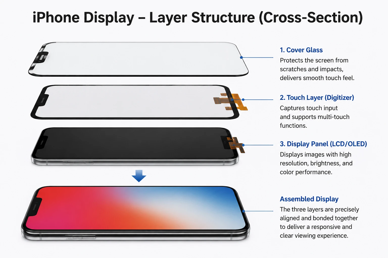 Diagram of iPhone cover glass, display panel and touch layer stacked together Diagram of iPhone cover glass, display panel and touch layer stacked together