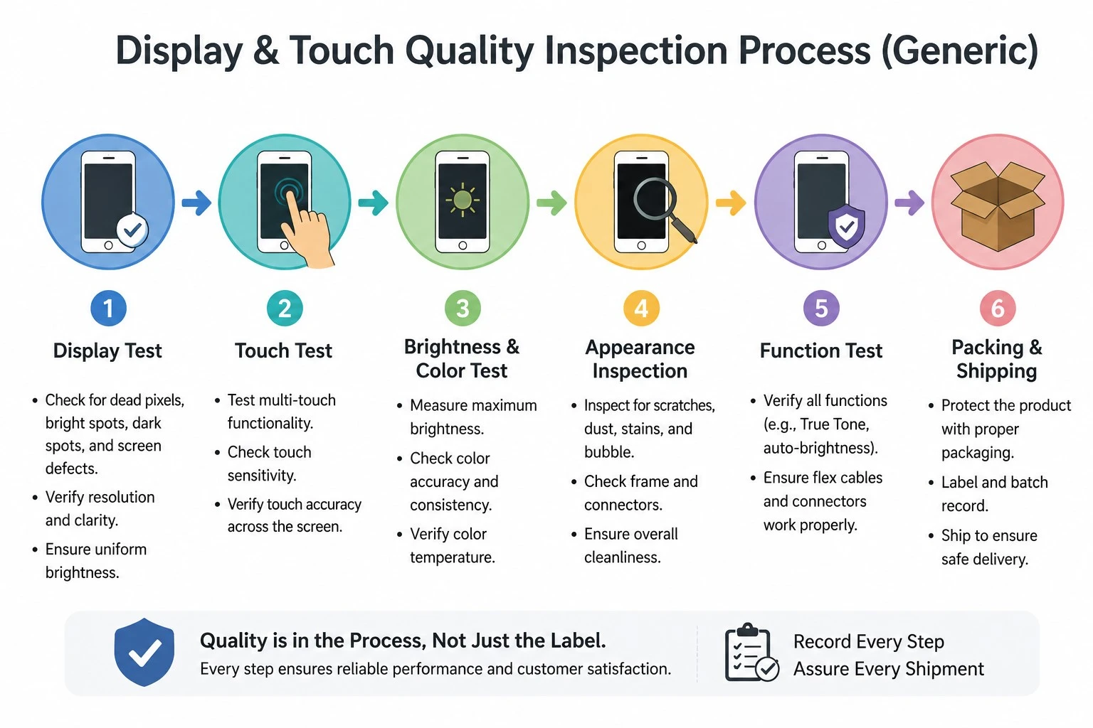 Generic illustration of display and touch quality inspection steps Generic illustration of display and touch quality inspection steps