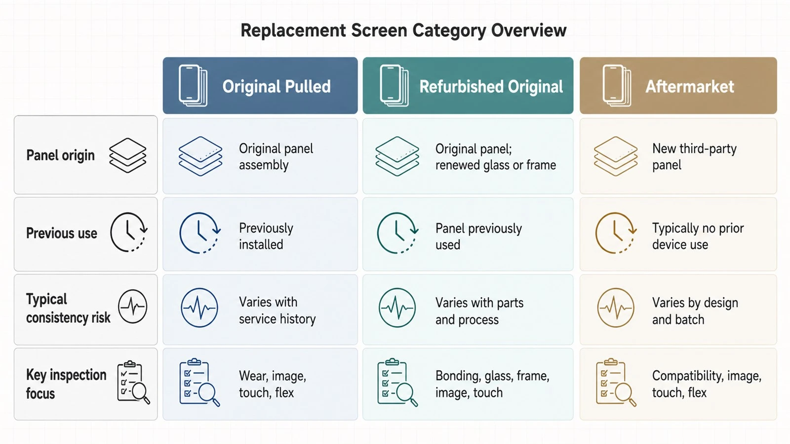 Buyer decision chart for original pulled, refurbished original and aftermarket iPhone screens Buyer decision chart for original pulled, refurbished original and aftermarket iPhone screens