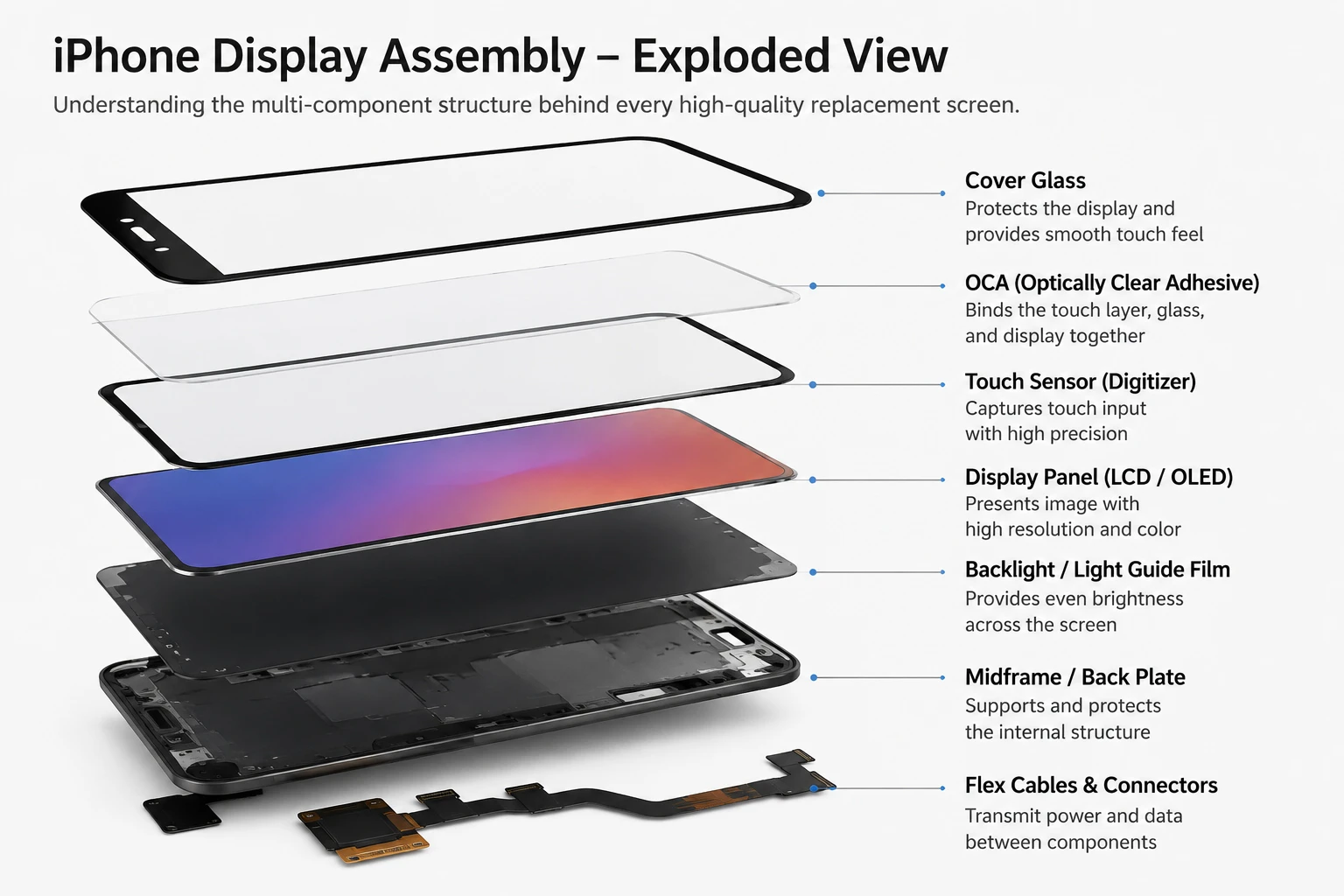 Exploded view of an iPhone display assembly showing cover glass, panel, touch layer and flex Exploded view of an iPhone display assembly showing cover glass, panel, touch layer and flex